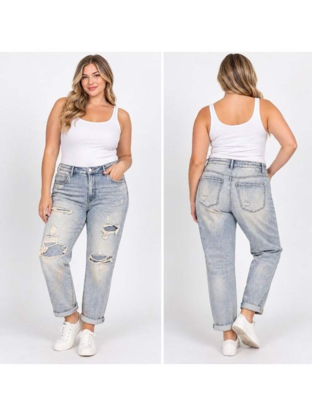 RISEN Jeans Women’s 1XL Light Wash Distressed Ripped Boyfriend Straight Denim